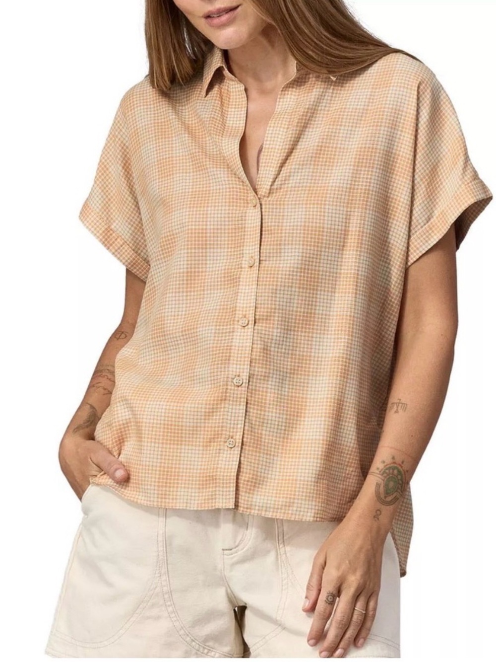 Patagonia Women's Lightweight A/C Button-Up Shirt light orange gingham L